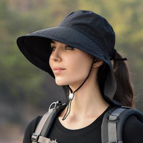 Wide Brim Shawl Ponytail Bucket Hat For Women; Outdoor Fishing Hiking UV Protection Bonnet (Color: 4# Black)