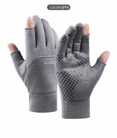 Winter Fishing Gloves Women Men Universal Keep Warm Fishing Protection Anti-slip Gloves 2 Cut Fingers Outdoor Angling (Color: Gray, size: L)